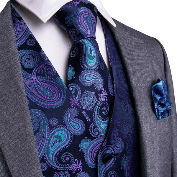 Gilet Paisley 100% en soie pour hommes, haut Design violet et noir, cravates, boutons de manchette Hanky, ensemble cravate pour costume de smoking, MJTZ-104291y