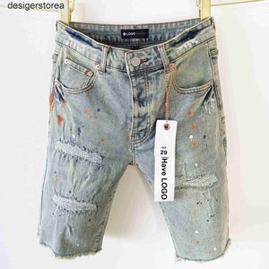 Shorts en jean de marque violette avec bords de bavure américaine et trous lavés