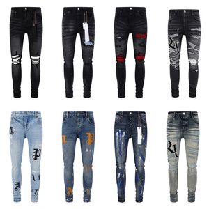 Paarse designer jeans van het merk voor heren broeken dames splash-inkt jeans trends Distressed Black Ripped Biker Slim Fit Motorcycle Mans gestapelde jeans heren baggy jeans gat