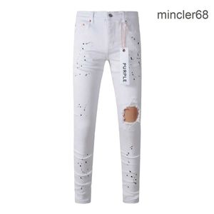 Paarse merk jeans mode van hoge kwaliteit met high street witte verf noodlijdende reparatie laag stijgende magere denim broek