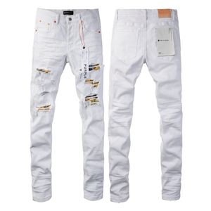 Paarse merk jeans Heren High Street witte broek Patched Hole Fashion denim broek Trend Jeans