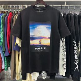 T-shirt manches courtes unisexe, ample, surdimensionné, Hip Hop, avec lettres Vintage imprimées, marque violette, champignon nuage 23SS, été