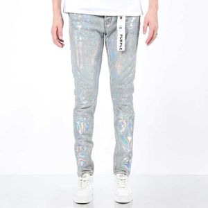 Jeans bleus enduits de laser anti-vieillissement de style américain de rue à la mode de marque pourpre pour les hommes
