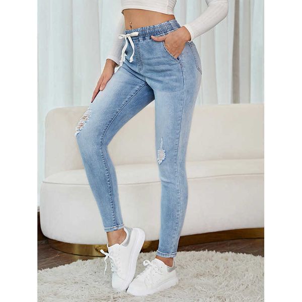 marque violette Cordon élastique taille haute pour femme Pantalon slim lavé Bleu bébé Jean en denim déchiré à la mode pour femme