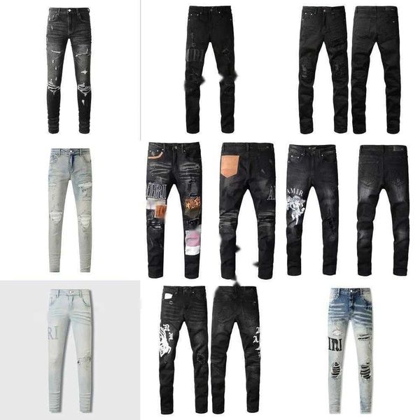 Pantalones de marcas púrpuras Diseñador púrpura Amirs Man Jeans Jeans de alta calidad Bordado High Street Pantalón pitillo Slim Fit Hole Ripped