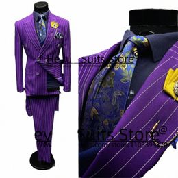 Violet Classique Stripe Fi Hommes Costumes Slim Fit Peak Revers Slim Groom Tuxedos 2 Pièces Ensembles Busin Mâle Blazer Costume Homme d5WB #