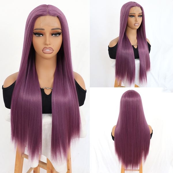 Perruques de cheveux synthétiques de couleur pourpre naissance des cheveux naturelle longue perruque droite soyeuse pour femmes perruque synthétique résistante à la chaleur U Lace Front perruques pour les femmes de la mode fête usage quotidien maquillage