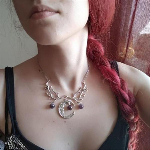 Collar de ramas de luna creciente púrpura, colgante de bruja, joyería de bosque de fantasía, joyería de ramita gótica, collares Wicca de boda 222v