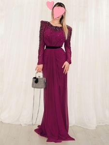 Purple Crystal Beading prom jurken schep nek lange mouw ruches formele avondjurk met zwarte riem vestidos de noche