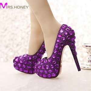 Paars Kristal Bruidsschoenen Hoge Hak Platforms Handgemaakte Mooie Strass Bruiloft Schoenen Luxe Graduation Prom Pumps238J