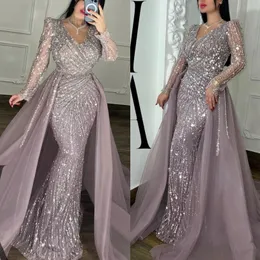 Vestidos de noche de sirena de cristal púrpura elegantes con tren de tren desmontable V cuello de manga larga vestida de baile de baile de baile longitudes musulmanas para mujeres