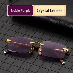 Verres de lecture de cristal violet Femmes acétate Rimless Glass Presbyopic Diopter Natural Stone Mineral Lens 1.0 4.0 Top Quality 240415