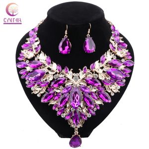 Conjunto de joyería de pendientes de collar de mujer con diamantes de imitación de cristal púrpura, conjunto de collar con forma de hojas para vestido de boda y fiesta nupcial