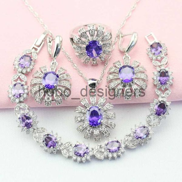 Violet cubique zircone argent couleur bijoux ensembles pour femmes boucles d'oreilles avec pierres boucles d'oreilles bracelet pendentif bague boîte cadeau gratuite x0817