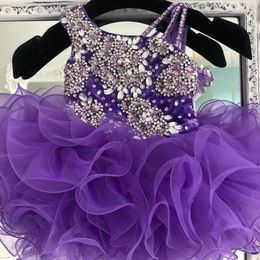 Paarse Cupcake Peuter Zuigeling Kinderen Pageant Jurk 2021 Fluwelen Organza Ruffles Glitz Meisje Party Jurken Rits Terug Mini / Short