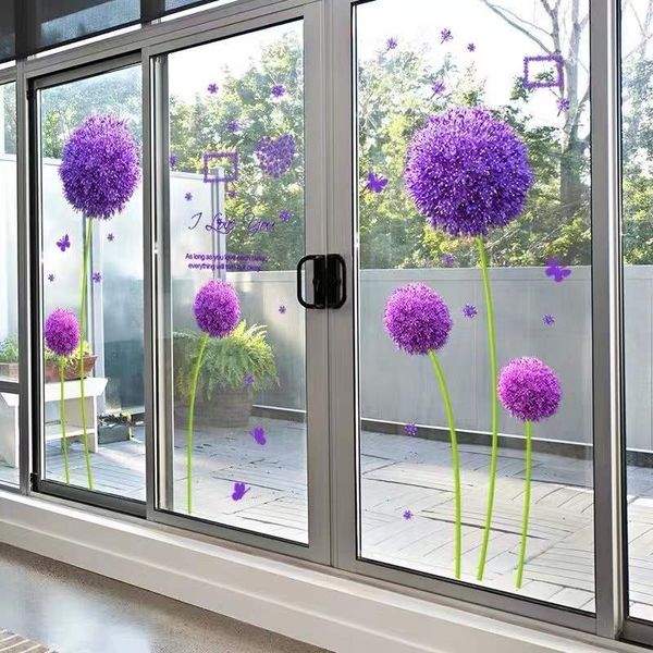 Calcomanías de pared de planta de diente de león púrpura, pegatinas de pared autoadhesivas de PVC, pegatina de ventana moderna, decoración de vidrio para sala de estar y dormitorio