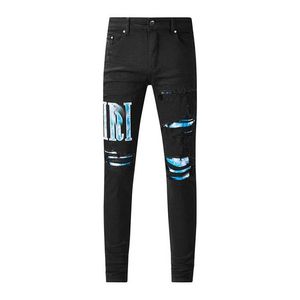 Paarse ontwerper voor heren jeans wandelman gescheurde hiphop high street modemerk pantalones motorfiets borduurwerk close fitting