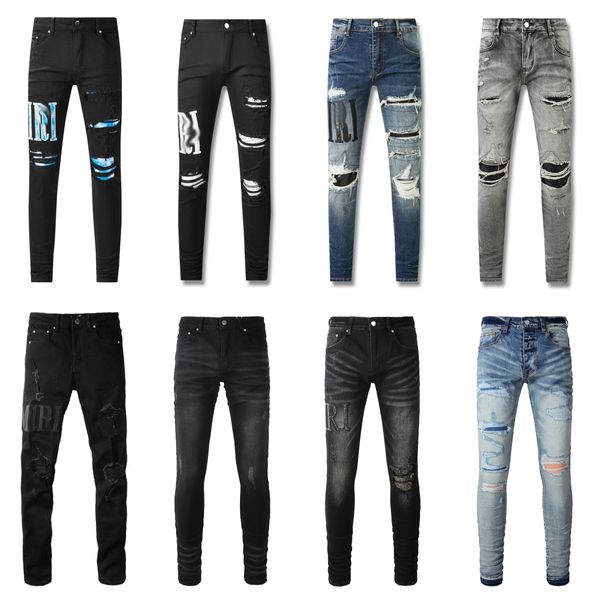 jeans morados de diseñador jeans para hombre pantalones de diseñador para hombres american high street patchwork plateado cuero rasgado estilo de pareja comercio exterior jeans negros transfronterizos