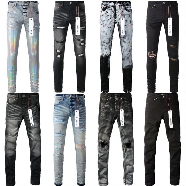 Pantalons en jean violet pour hommes et femmes, pantalons perforés, tendance hip-hop, fermeture éclair perforée, pantalon déchiré en denim, patch de lettre, coupe ajustée, jeans élastiques à petites jambes