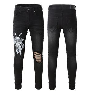 Paarse ontwerper heren jeans Womens denim broek rits zwarte jeans Distressed Ripped Biker slim fit motorfiets gemaakt oude broek maat 28-40