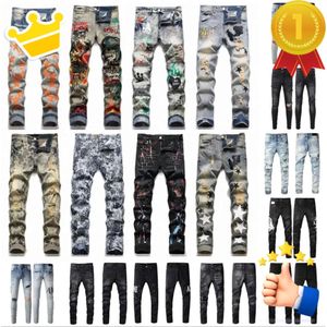 Diseñadores púrpuras para hombre High Street Slim Jeans para hombre Pantalones bordados para mujer Oversize Ripped Patch Hole Denim Straight Fashion Street Wear Jeans 2024