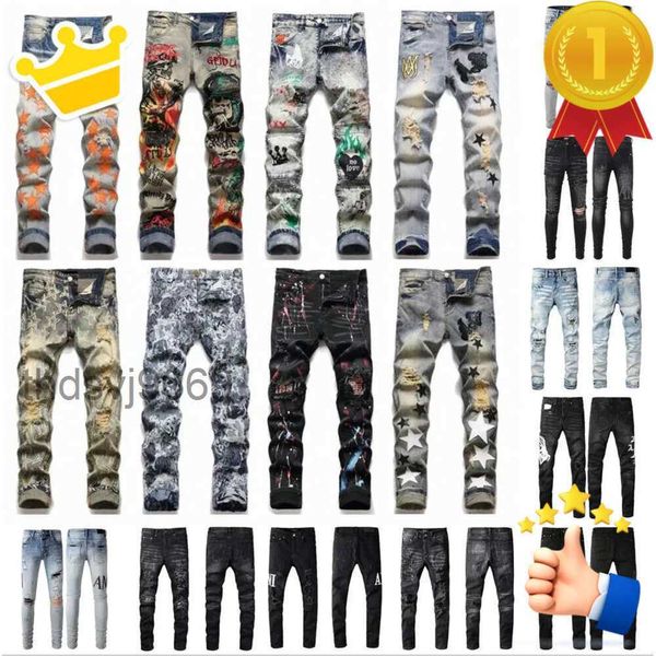 Diseñadores púrpuras para hombre High Street Slim Jeans para pantalones bordados para mujer Oversize Ripped Patch Hole Denim Straight Fashion Streetwear Wear 2024 CNTX