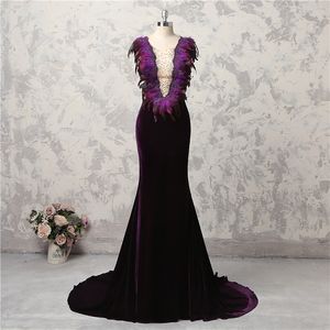 Robes violettes Noble soirée bijou sans manches avec plume perlée sirène bal dos fermeture éclair balayage Train sur mesure robes de soirée