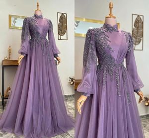 Violet Dubaï Arabe Musulman Robes De Bal Avec Des Manches Longues Cristaux Scintillants Perlées Robes De Soirée Col Haut Plis Caftan Marocain Robe De Soirée