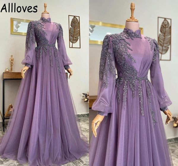 Violet Dubaï Arabe Musulman Robes De Bal Avec Des Manches Longues Cristaux Scintillants Perlés Une Ligne Robes De Soirée De Bal Col Haut Plis Caftan Marocain Robe De Soirée CL0563