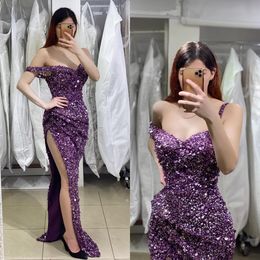 Purple Elegant Dark Night Robes Off Boulder Sequins Party Prom Pleas Split Split Long Robe for Special OCN