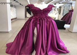 violet élégant longues robes de bal abendkleider col en v manches courtes 2018 sexy haute fente perlée appliques fleurs tache soirée formelle 3487350