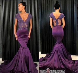 Paarse elegante sexy zeemeermin prom jurken diepe v-hals korte mouwen kant applique formele jurk avondjurk dragen speciale gelegenheid jurk