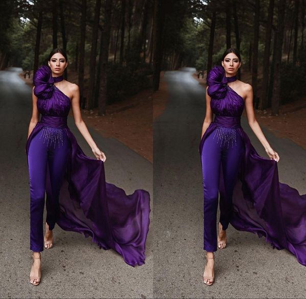 Mono de noche morado con tren largo, vestido de fiesta sin mangas con cuello Halter, traje de pantalón para mujer, vestidos de alfombra roja de celebridad de Arabia Saudita 301z