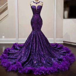 Plumes violettes sirène Robes De Bal pour fille noire Sequin anniversaire femmes Robes De soirée Robes De Bal Robes De soirée