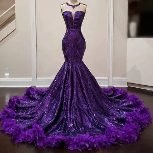 Plumes violettes sirène Robes De Bal pour fille noire Sequin anniversaire femmes Robes De soirée Robes De Bal robe De soirée