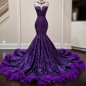 Plumes violettes sirène Robes De Bal pour fille noire Sequin anniversaire femmes Robes De soirée Robes De Bal Robes De soirée