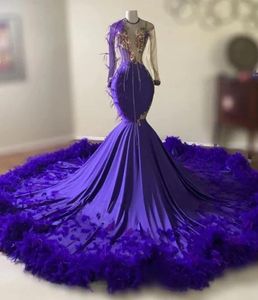 Purple Feathers Mermaid Prom Dresses Long Sleeve Sequin Applique Tassel feestjurken Afstudeerjurk voor zwarte meisjes