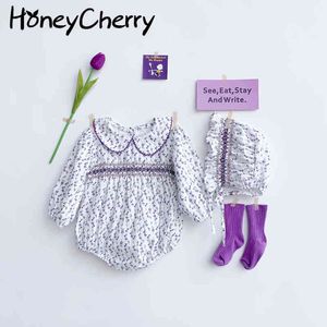 Purple Floral Baby Bodysuits Meisje Lange Sleeveone-stukken S-kleding Bodysuits 210515