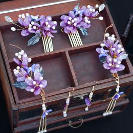 Purple Floral Hairpin Chinese Hanfu Hair Stick Fork pour femmes Tassel Step Shake Hair Peigt Pins latérale Glazed Flower Hair Bijoux