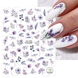 Paarse bloem 3d nagelstickers groen blad bloemen kersen veer kunst water stickers schuifregelaars manicure vlinder tips decor 240418