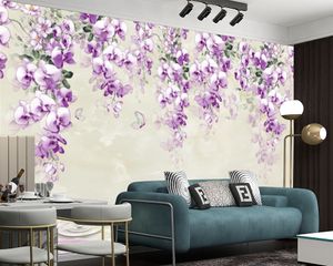 Papel pintado romántico 3d de flores moradas, Mural moderno, papel tapiz de flores 3d, papel de pared 3d para sala de estar, foto personalizada