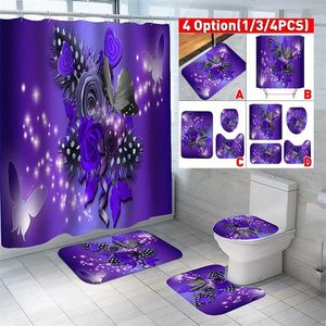 Paarse bloem vlinder waterdichte print douchegordijn 4-delige tapijt cover toilet cover bad mat pad set badkamer gordijn 211116