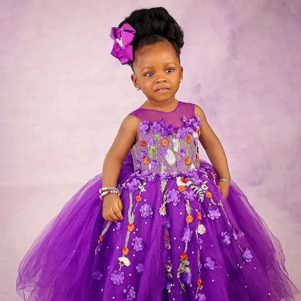 Robes de fille de fleur violette perlée fleurs colorées robe de bal princesse robes de demoiselle d'honneur en tulle à plusieurs niveaux robe de fête d'anniversaire pour fille et mère CF010