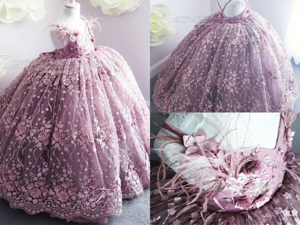 Vestidos de niña de flores de color púrpura para bodas Vestido de desfile de niñas lindas con apliques florales en 3D Vestidos de primera comunión de plumas8821713