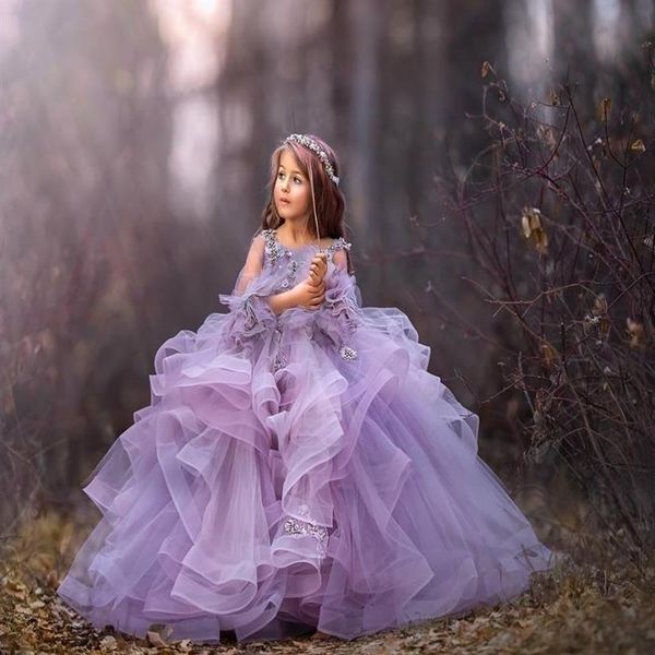 Vestidos de niña de flores de color púrpura Cuentas de organza Vestidos para niñas pequeñas Vestidos de boda de princesa de manga larga para niños Vestidos de niña de flores 307W