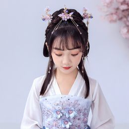 Paarse bloemenhaarstokken Chinese Hanfu Hair Accessories Pearl Tassel Alloy Haarspelden Antieke gouden legering Koofetpiece Haar sieraden