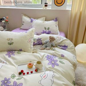 Violet fleur lapin ensemble de literie doux 3/4 pièces drap de lit dessin animé housse de couette reine roi taille ensembles de lit pour la maison pour enfant L230522