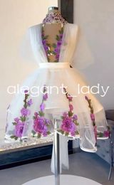 Paarse Bloemen Witte Tule Korte Prom Homecming Jurken Gezwollen Rok Halve Mouw Organza Mini Avond Verjaardagsjurk