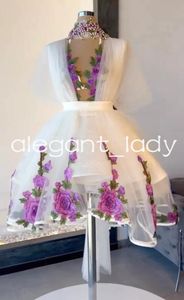 Robe courte de bal en Tulle blanc à fleurs violettes, jupe bouffante, demi-manches, en Organza, Mini robe de soirée et d'anniversaire