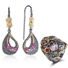 Boucles d'oreilles en cristal violet Fuchsia, ensemble de bijoux, bague, boucles d'oreilles pendantes en forme de feuille, jolis ensembles de bijoux pour femmes, cadeaux d'anniversaire 228l